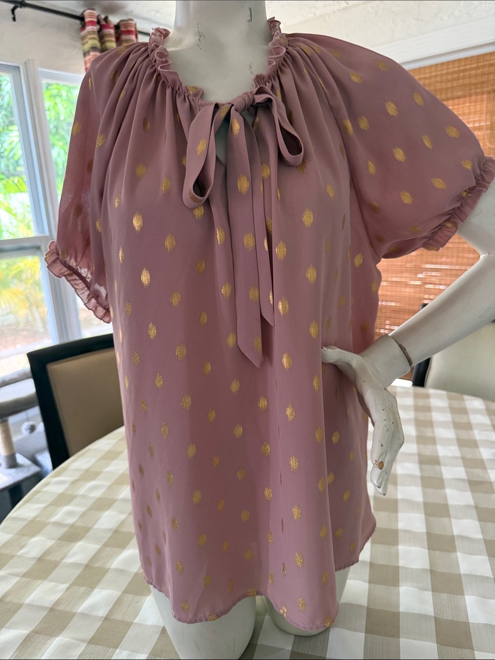 Ruffled Tie-Neck Blouse in Dusty Pink with Gold Dot Accent